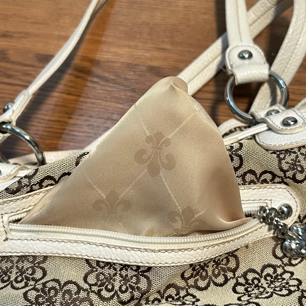 Kathy Van Zeeland Gold Metallic‎ Shopper Tan Floral Purse Handbag w/ Keychain